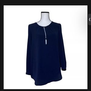 Lucky Brand Blouse Navy long sleeve keyhole button front top round neck